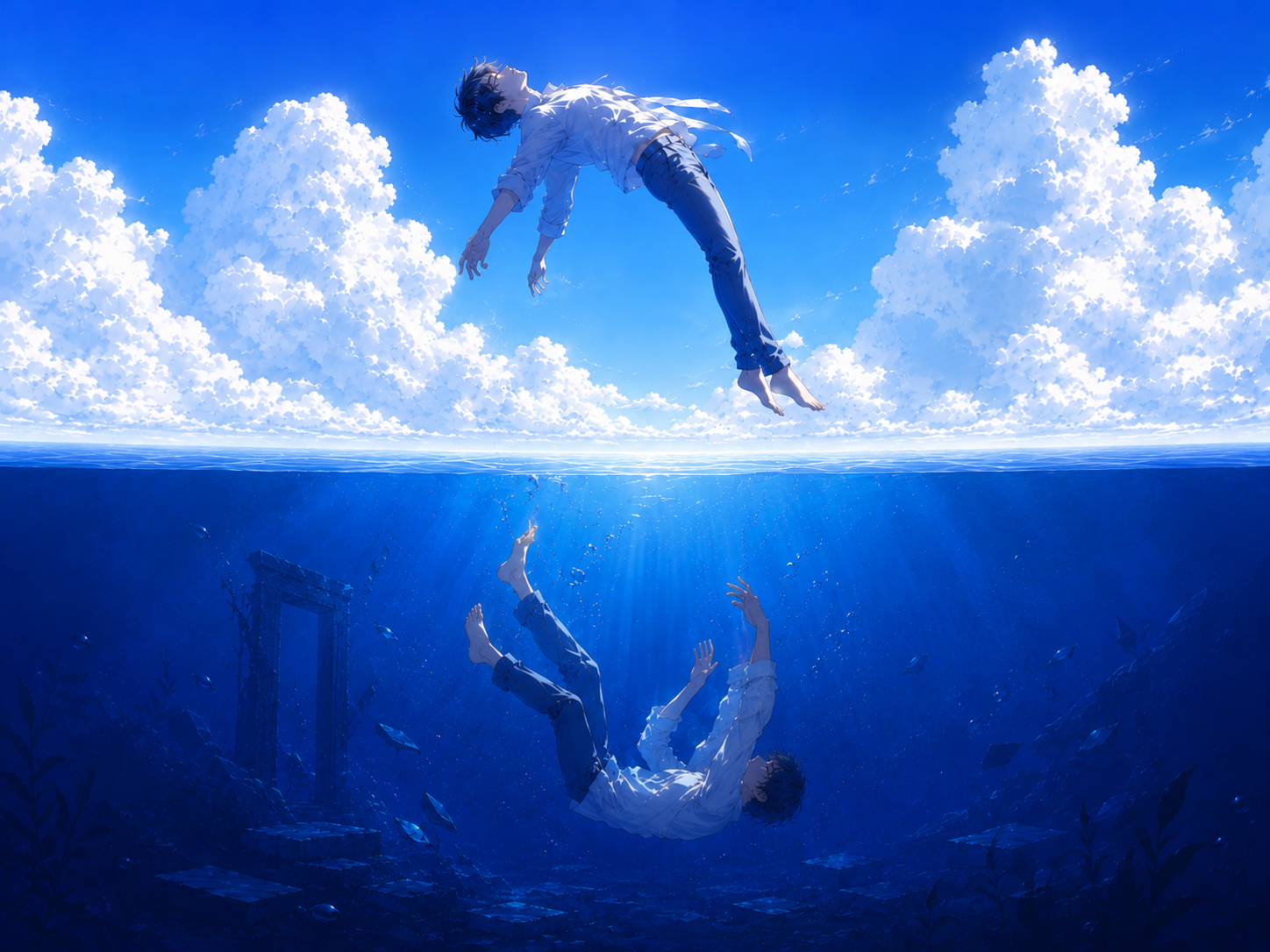 蓝色天空与海面之间，一个人向上浮起，另一个人向海底下沉。